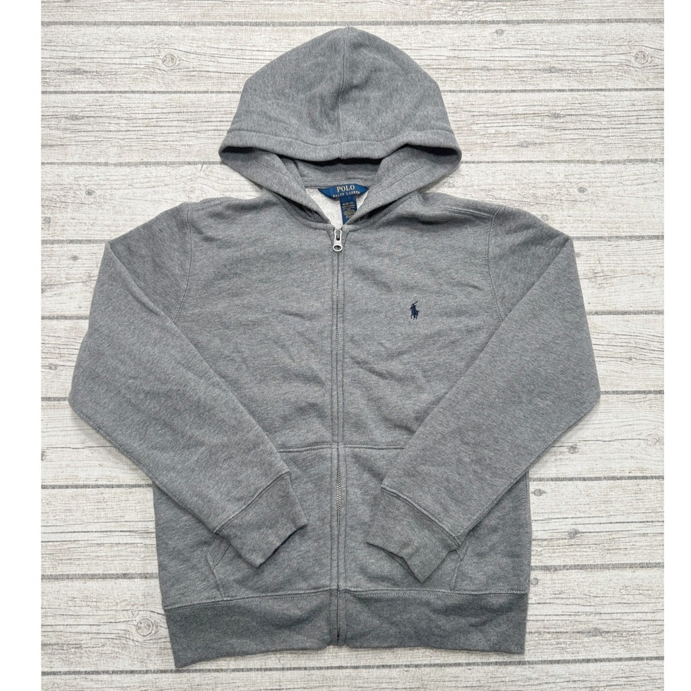 Polo Ralph Lauren Hoodie Youth Medium Gray Fleece Lined Full Zip Varsity Preppy